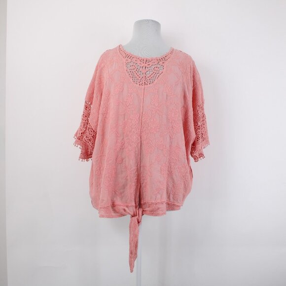 Lane Bryant Top $60 Sz 26/28 Pink Embroidered Tie Cotton Rayon Top - Picture 2 of 12